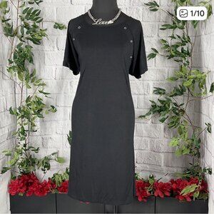 Ekouaer Black Snap Buttons Short Sleeve Dress